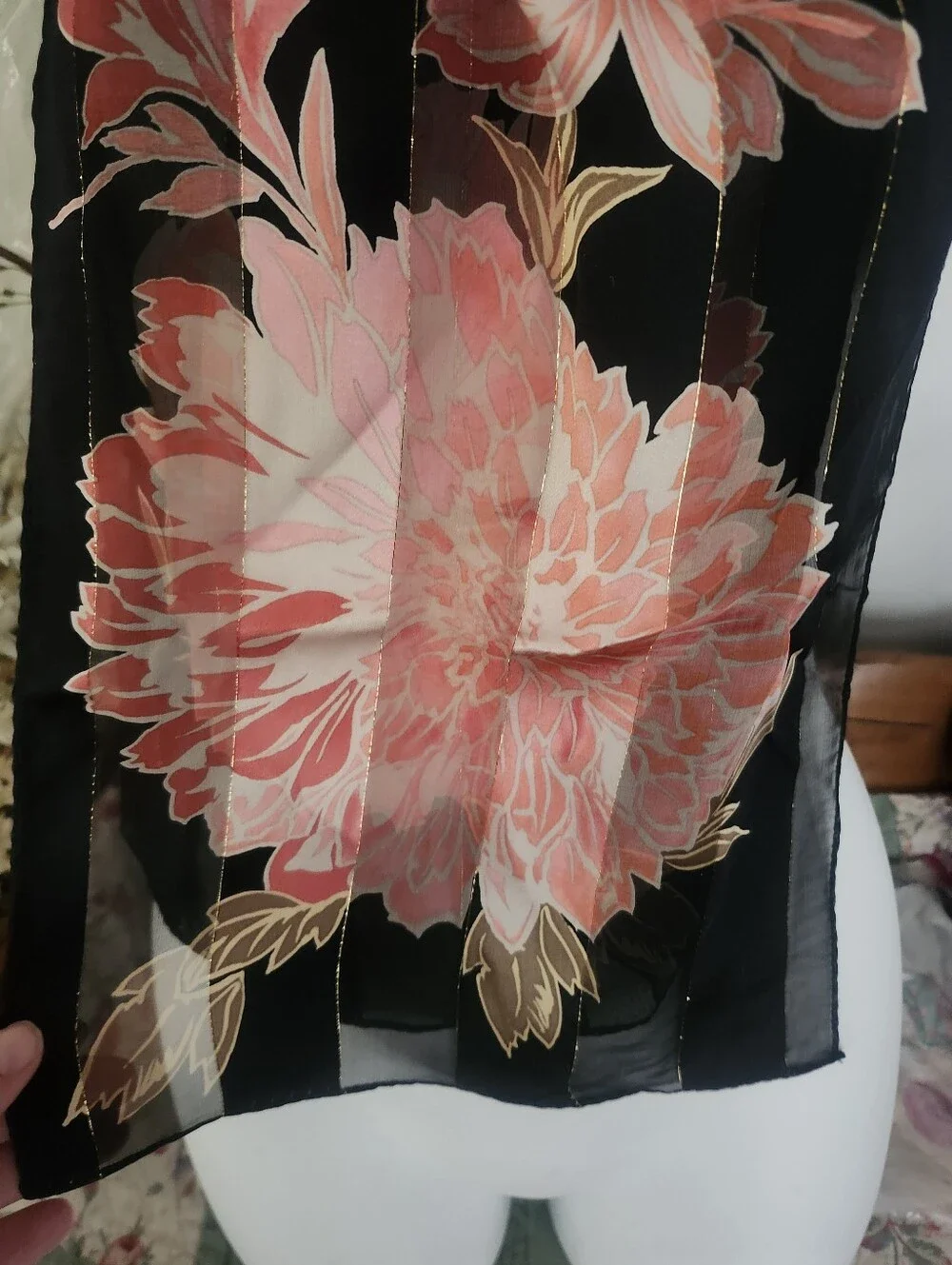 Vtg Sheer Black Floral Silk Scarf with Pink Bloom Print